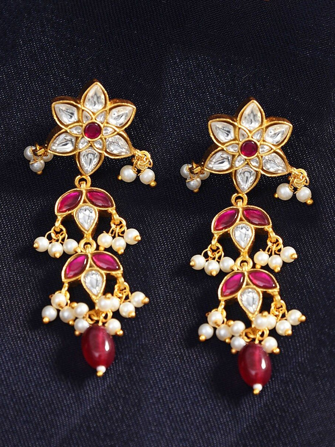 

JAYPORE Gold-Plated Floral Kundan Studded Jhumkas