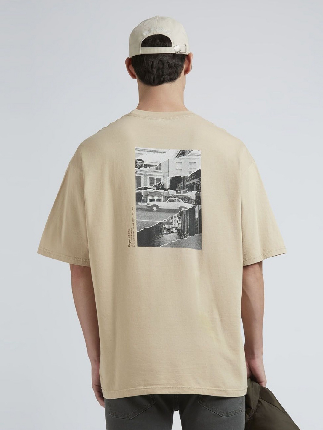 

Pepe Jeans Men Graphic Printed Round Neck Pure Cotton Oversized T-shirt, Beige