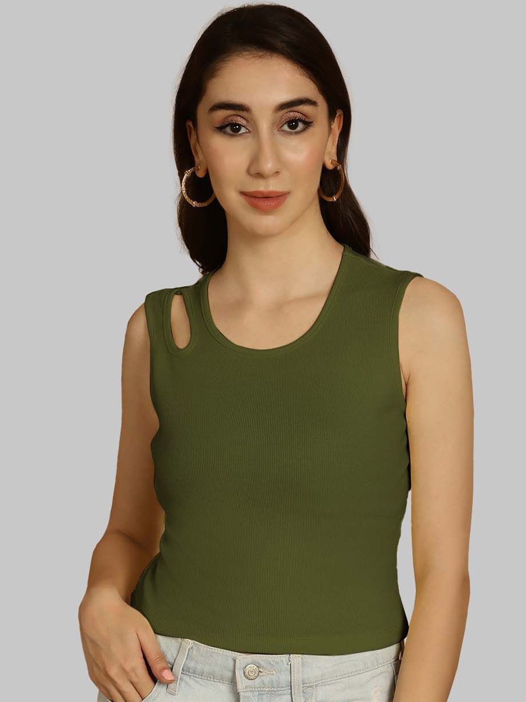 

Friskers Keyhole Neck Cotton Crop Top, Olive