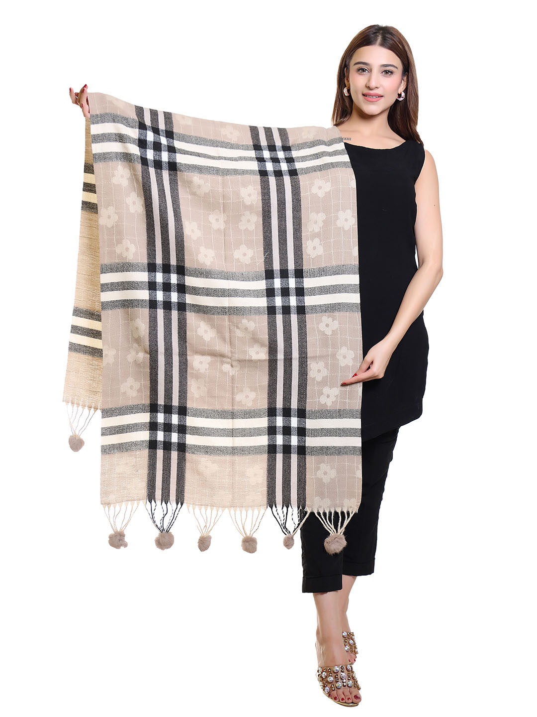 

Oswal International Women Checked Printed Acrylic Shawl, Beige