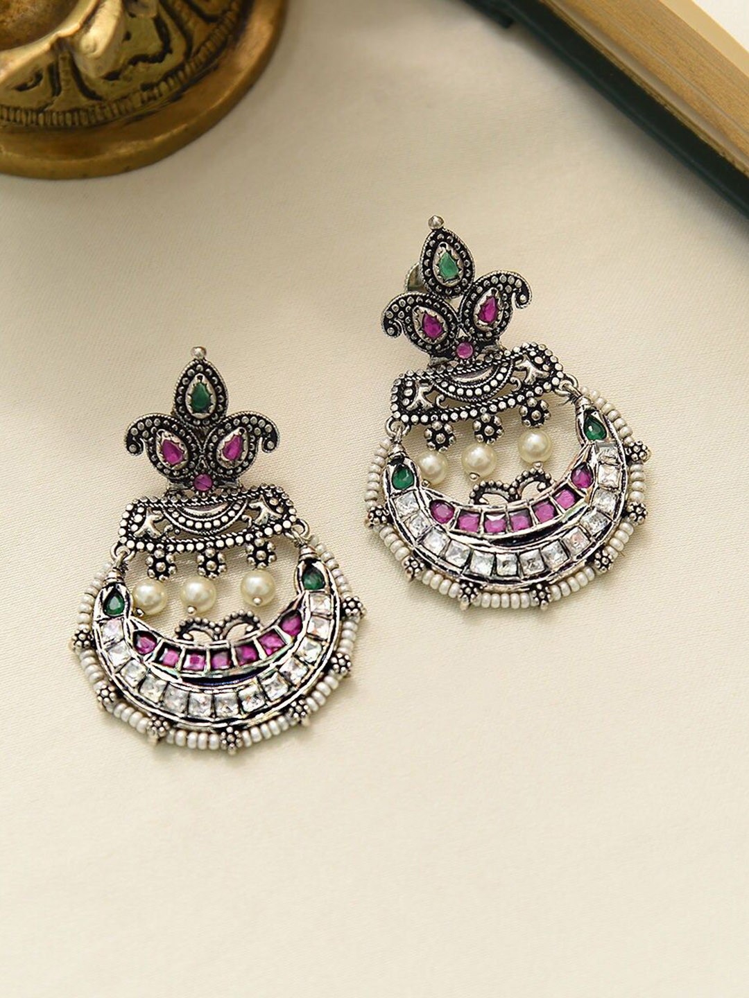 

JAYPORE Silver Plated Stone Studded Contemporary Drop Earrings