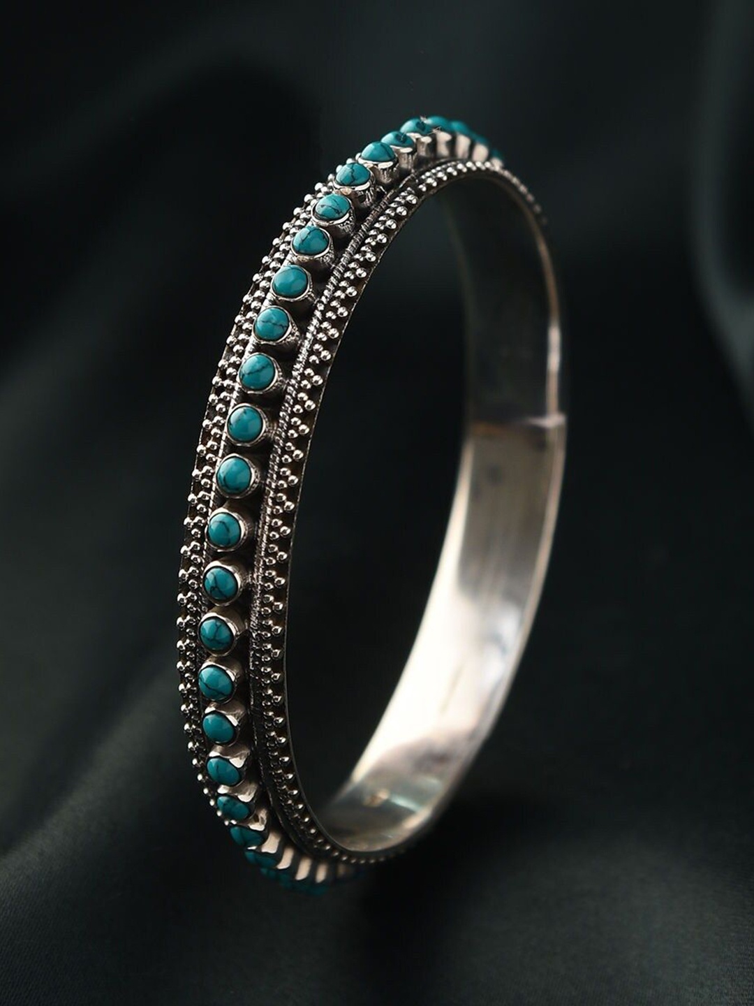 

JAYPORE Oxidised Stones-Studded Bangles, Silver