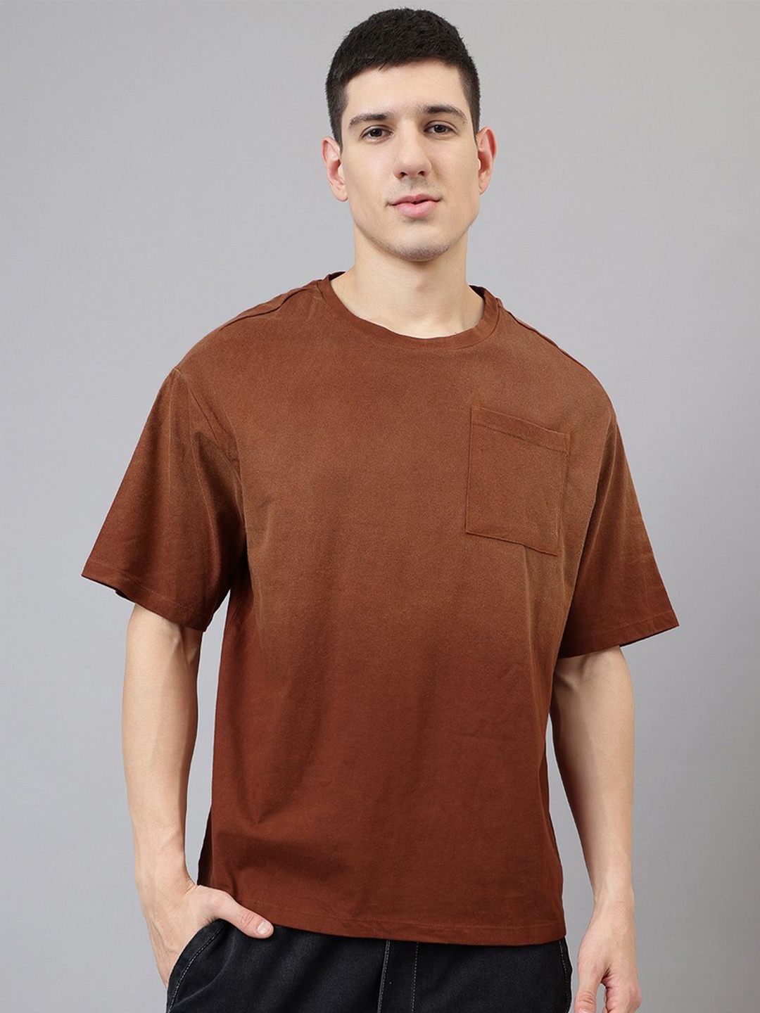 

Free Authority Men Solid Round Neck Cotton Oversized T-shirt, Brown