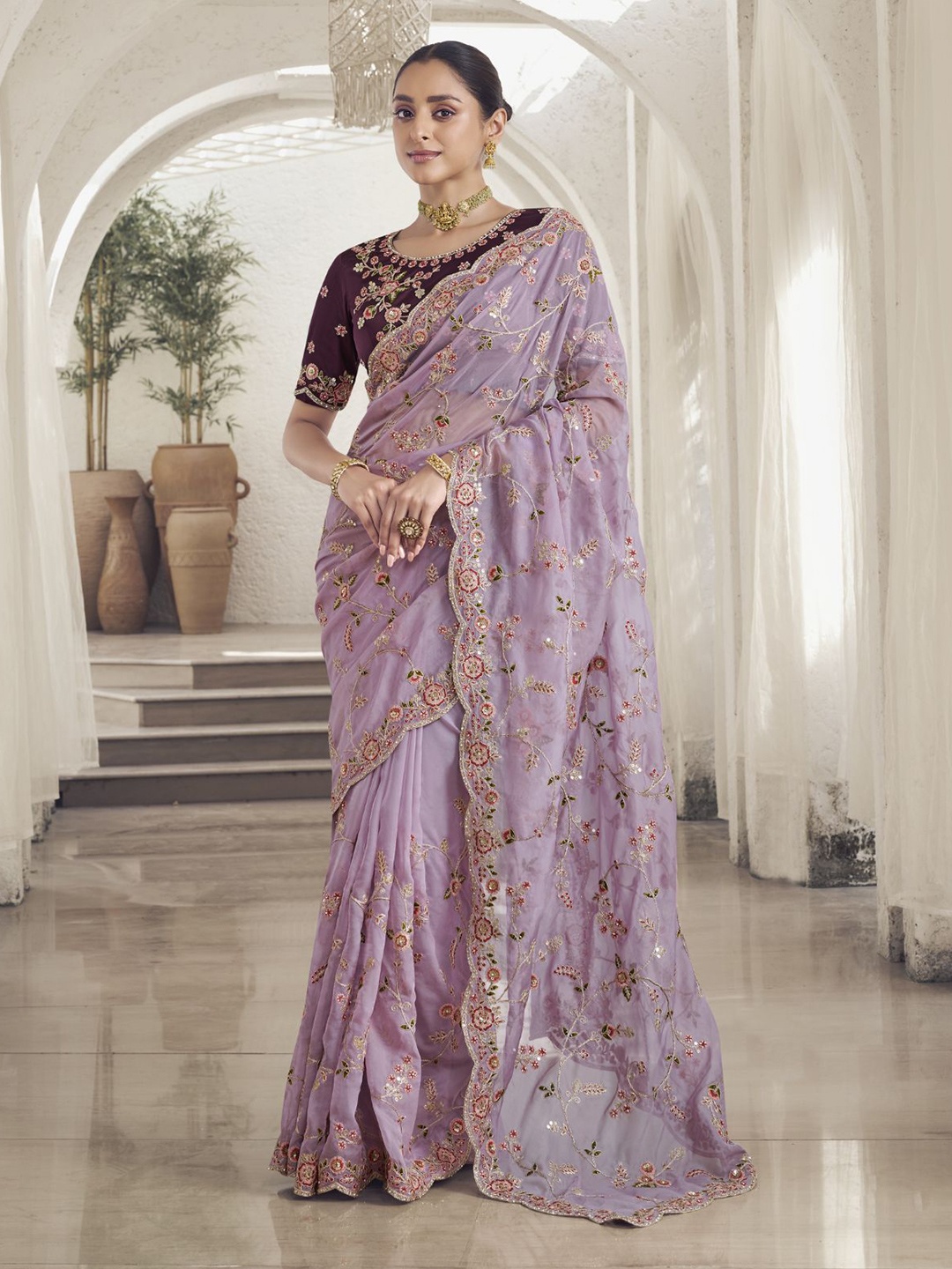 

ODETTE Floral Embroidered Organza Saree, Purple