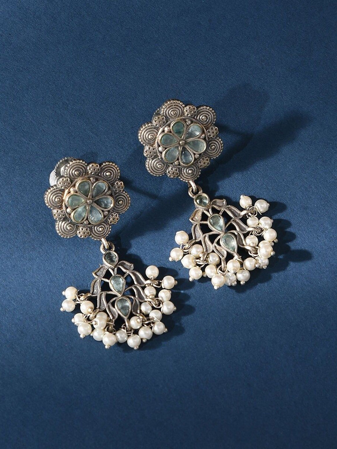 

JAYPORE Silver Plated Stone Studded Contemporary Drop Earrings