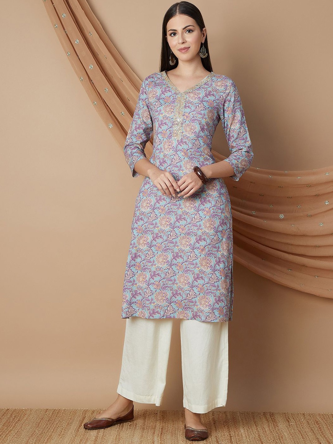 

Melange by Lifestyle Floral Printed Straight Kurta, Blue
