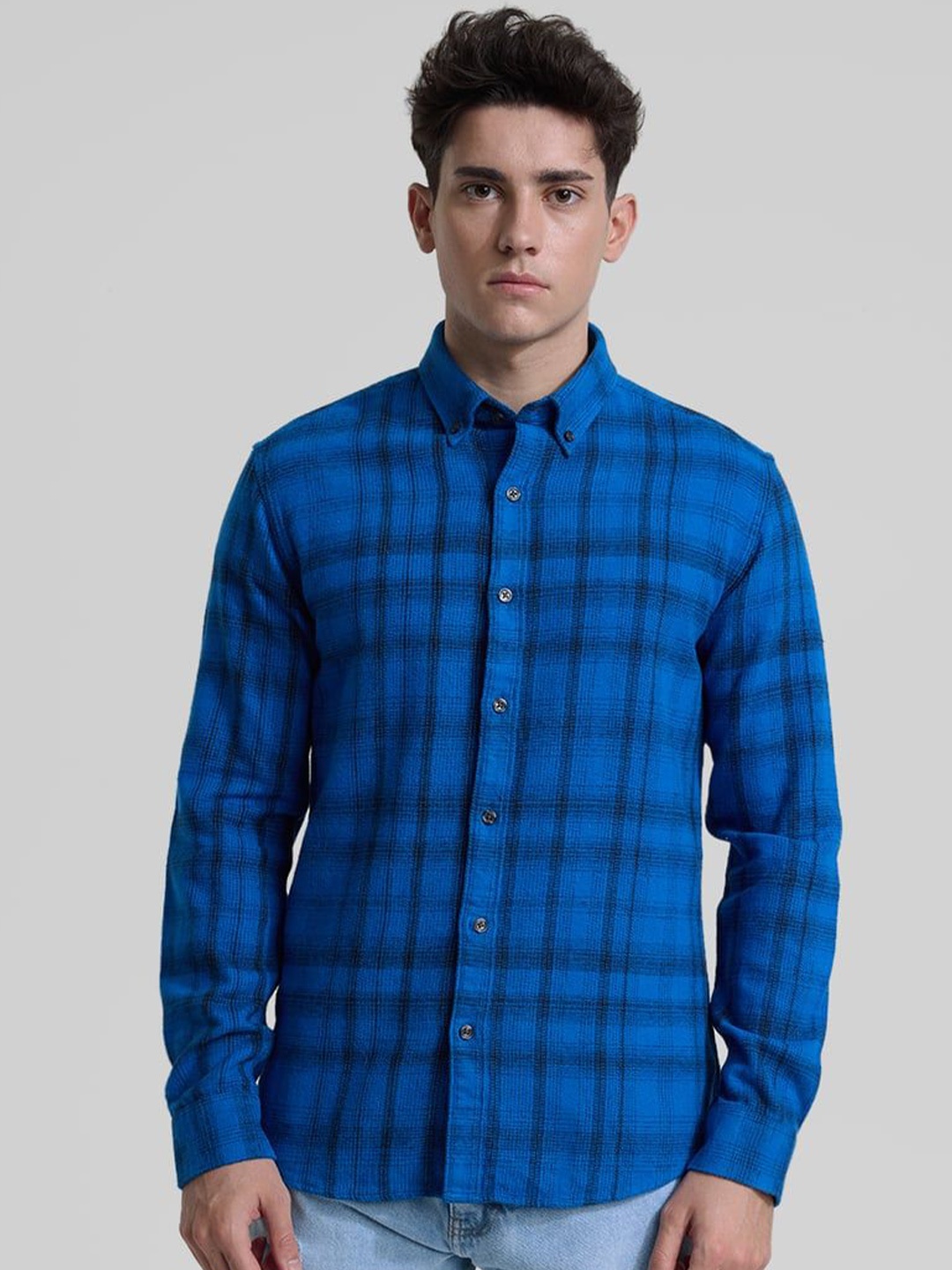

Snitch Men Smart Button-Down Collar Checked Cotton Slim Fit Casual Shirt, Blue