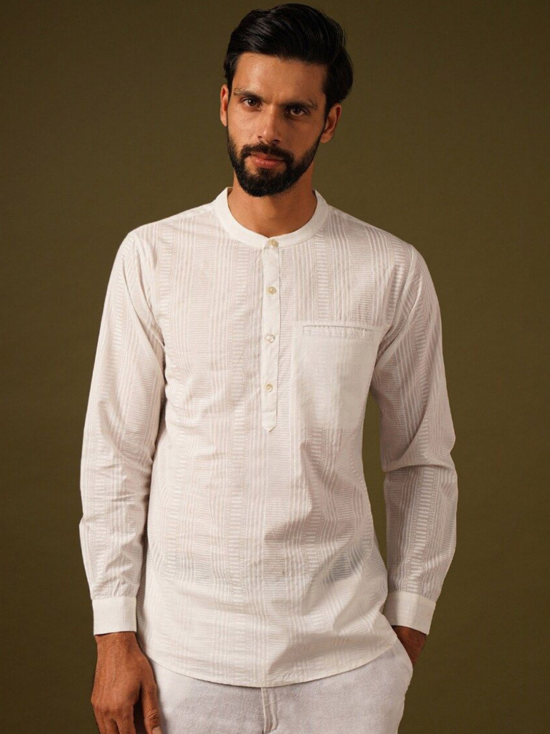 

JAYPORE Striped Woven Design Band Collar Straight Cotton Kurta, White