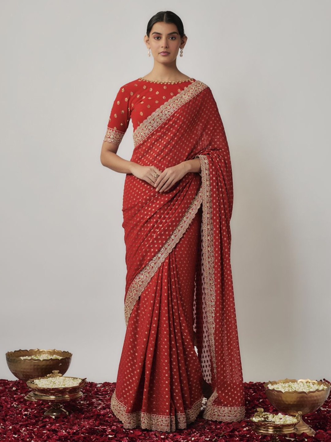 

Renee Label Floral Embroidered Poly Georgette Saree, Red