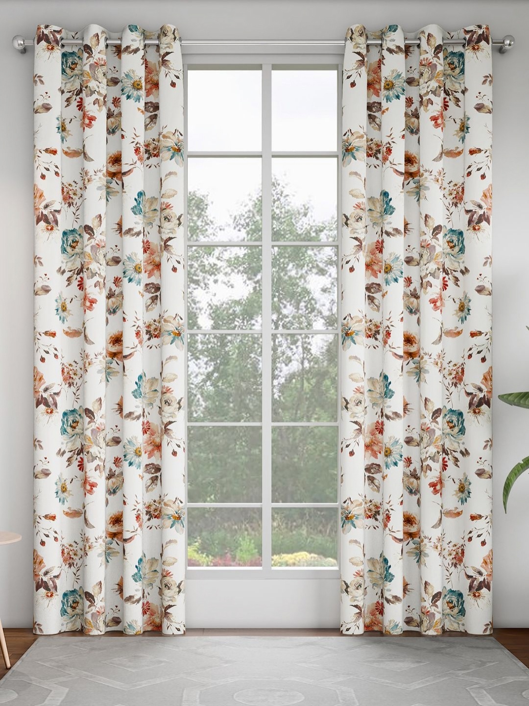 

GM White & Coral 2 Pieces Floral Door Curtain