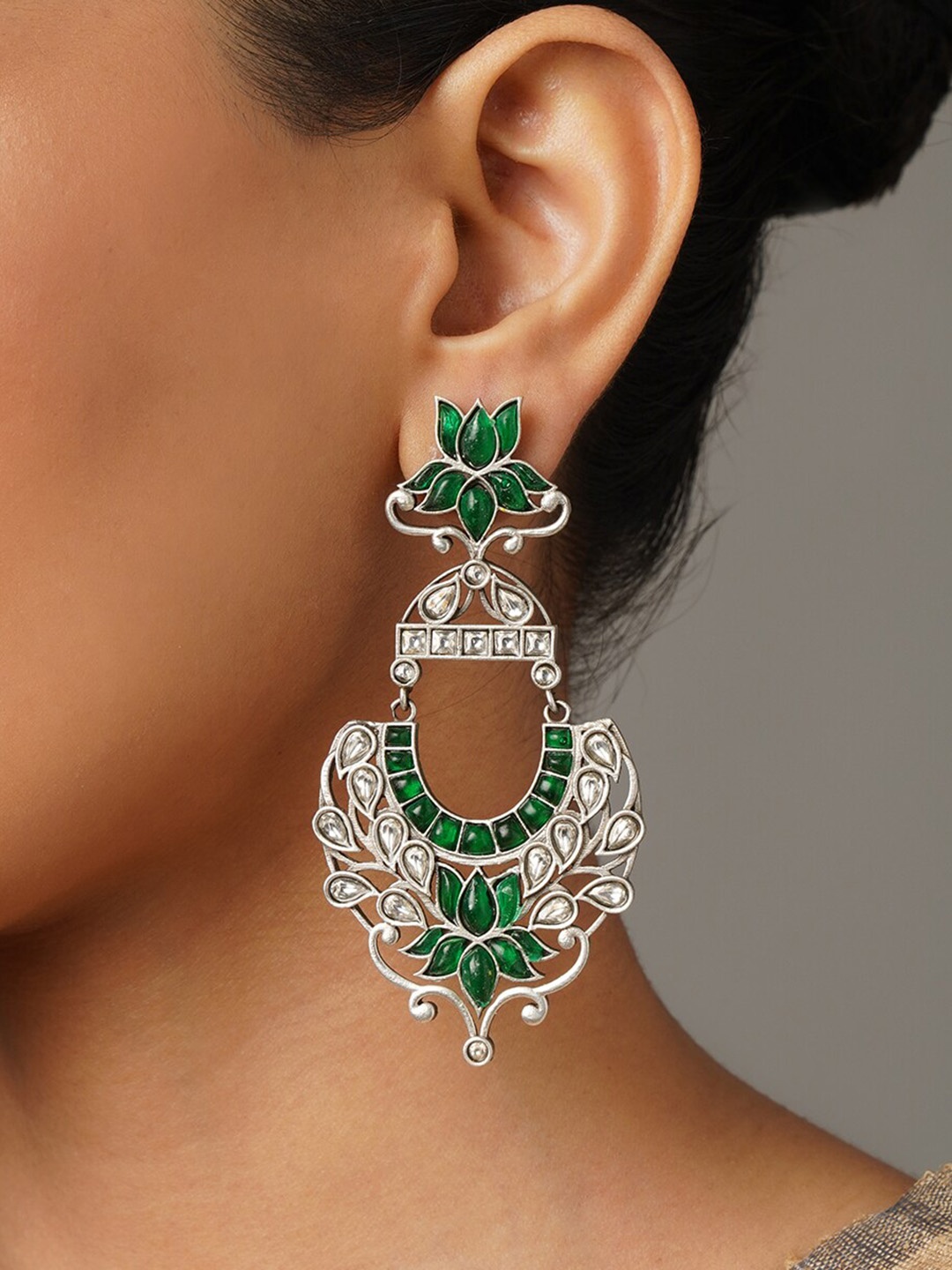 

JAYPORE Stone Studded Contemporary Drop Earrings, Silver