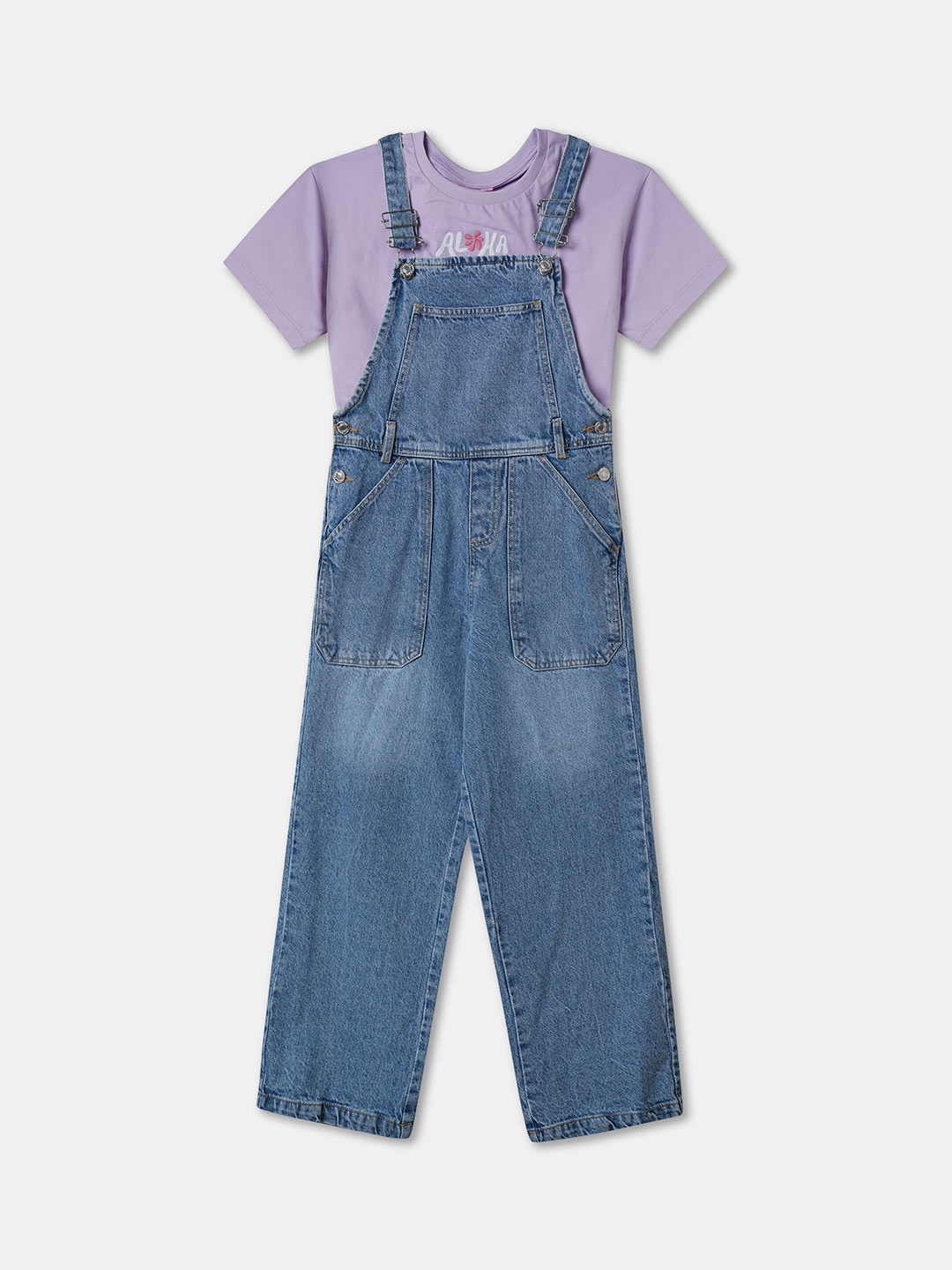 

R&B Girls Cotton Dungaree With T-Shirt, Blue