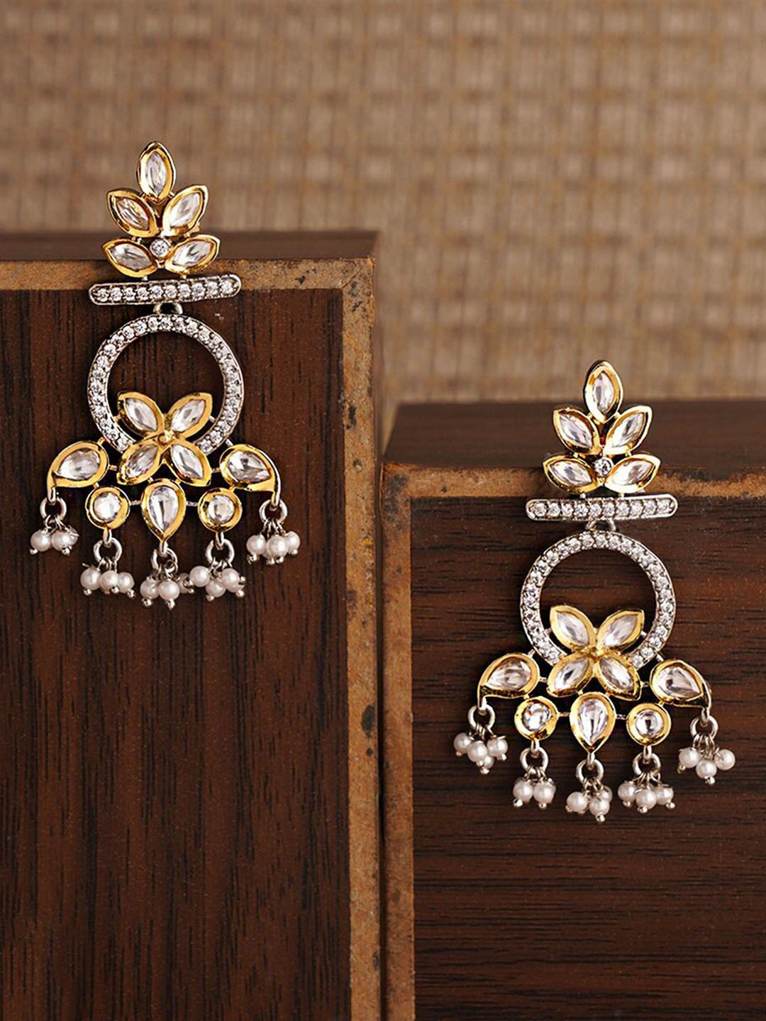 

JAYPORE Stone Studded Contemporary Drop Earrings, Gold