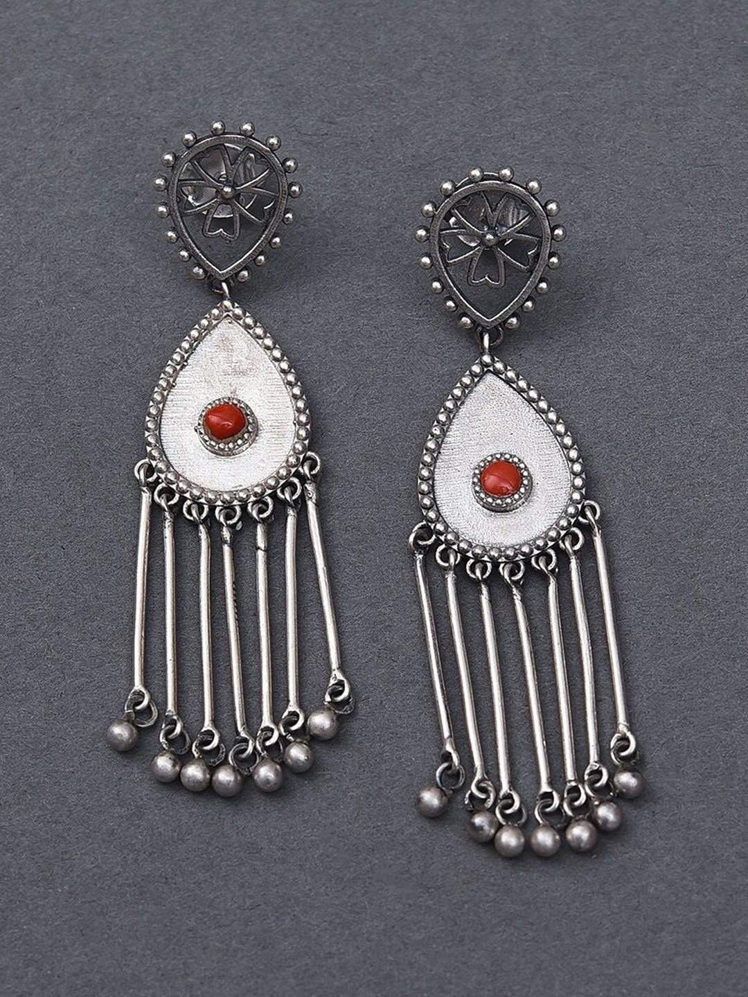 

JAYPORE Pure Silver Coral Studded Contemporary Drop Earrings
