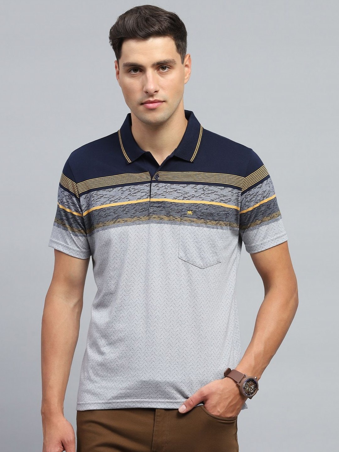 

Monte Carlo Men Striped Polo Collar Cotton T-shirt, Navy blue