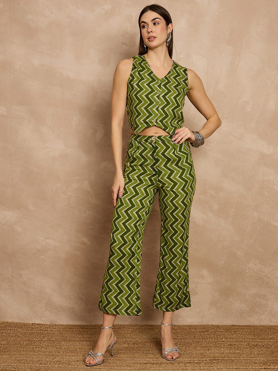 

all about you Chevron Printed V-Neck Sleeveless Waistcoat With Trouser, Olive