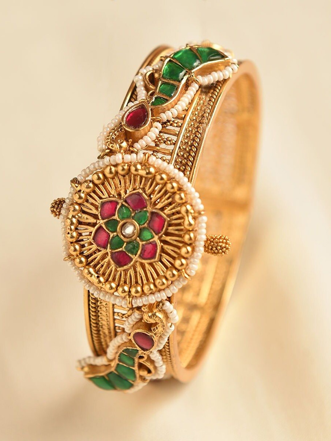 

JAYPORE Stone-Studded & Beaded Bangle, Gold