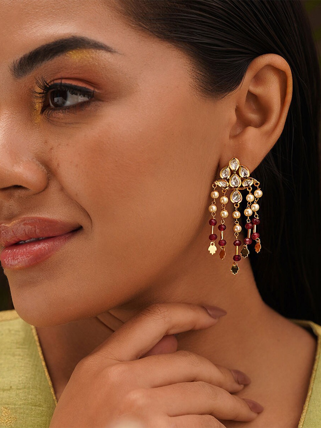 

JAYPORE Stone Studded & Beaded Contemporary Drop Earrings, Silver