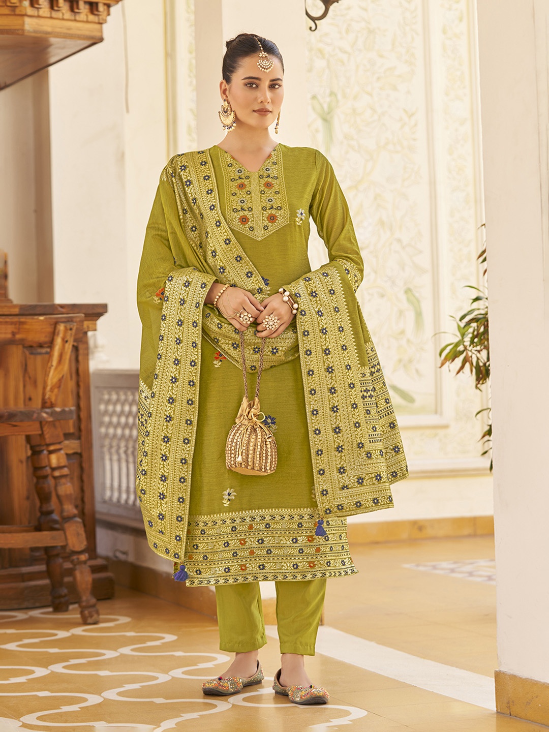 

KALINI Floral Woven Design Jacquard Straight Kurta with Trousers & Dupatta, Mustard
