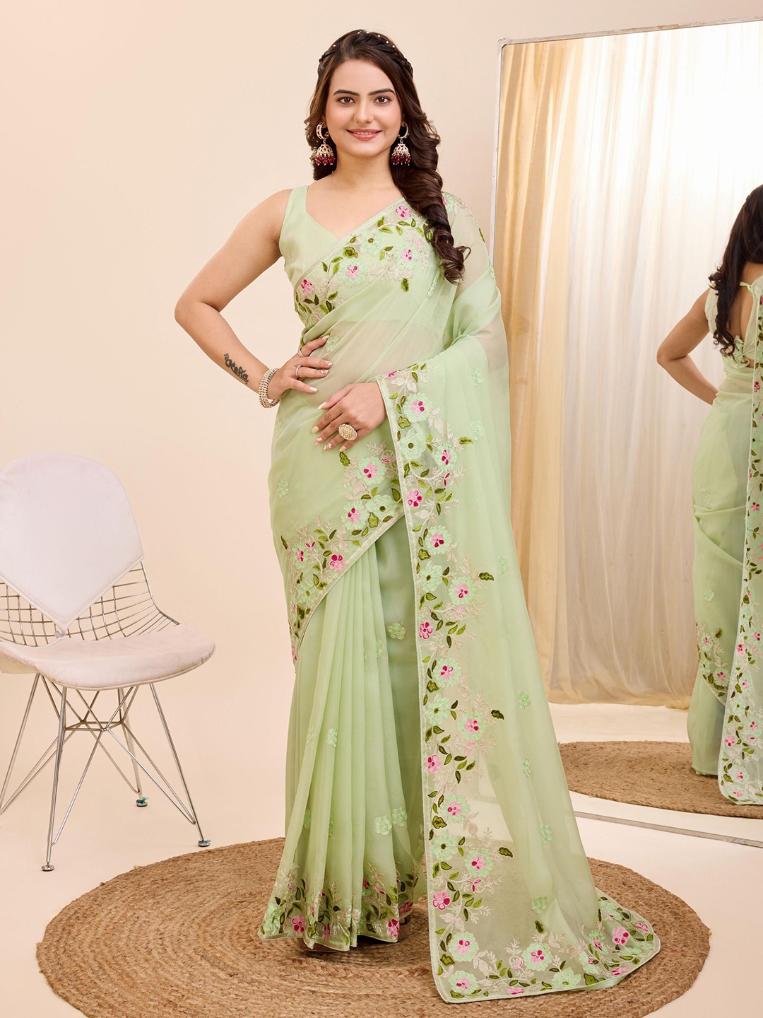 

VAIRAGEE Floral Embroidered Organza Ready to Wear Saree, Olive