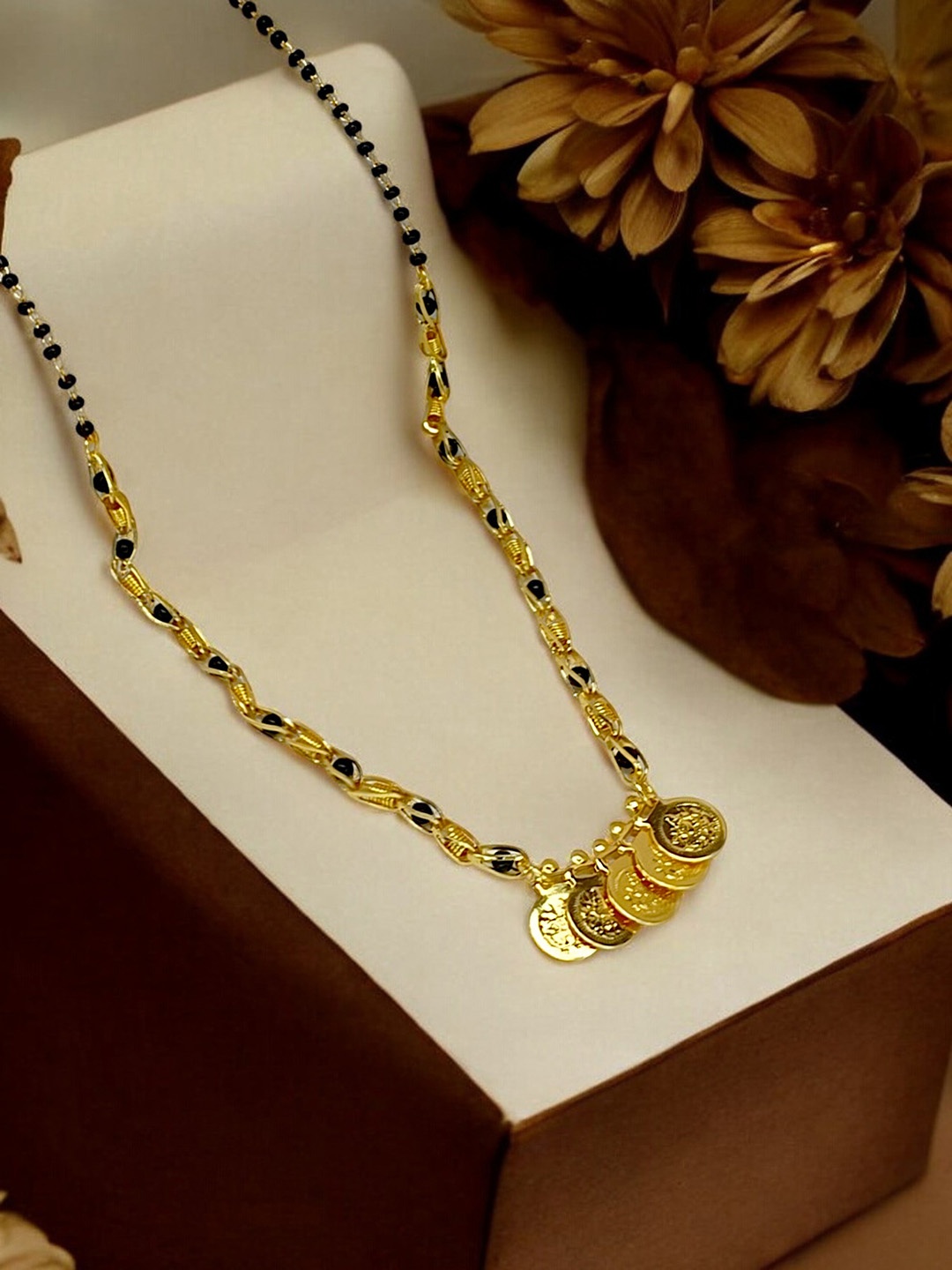 

9blings Gold-Plated Artificial Beads Studded Laxmi Coin Mangalsutra