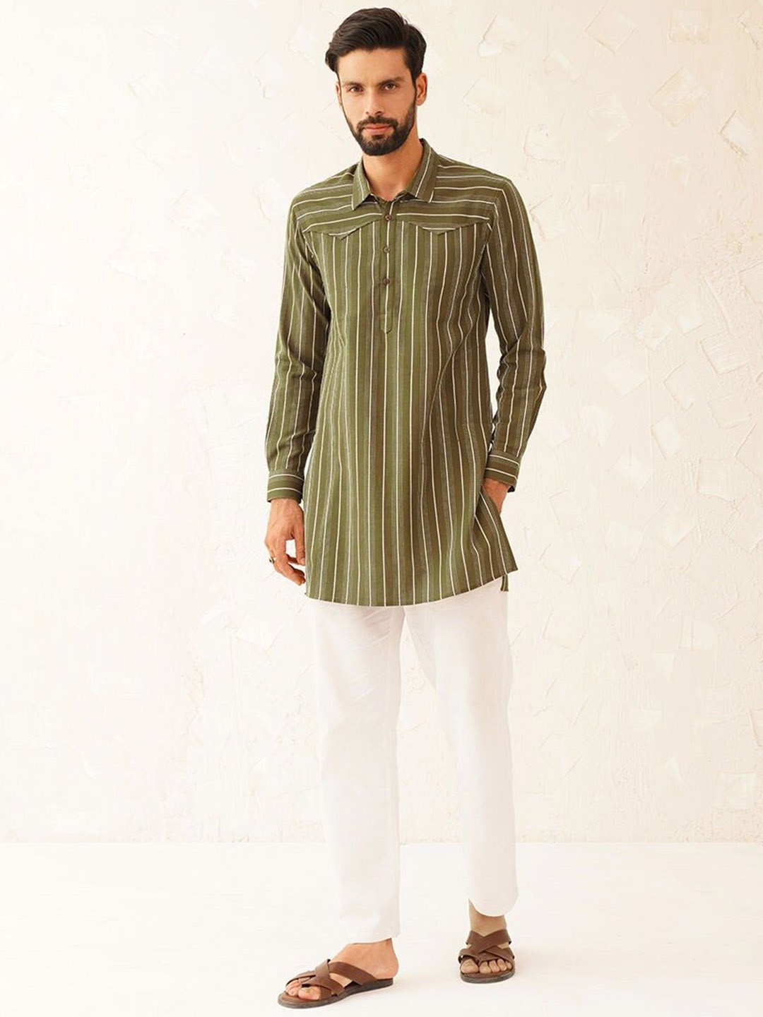 

JAYPORE Striped Shirt Collar Pure Cotton Straight Kurta, Green