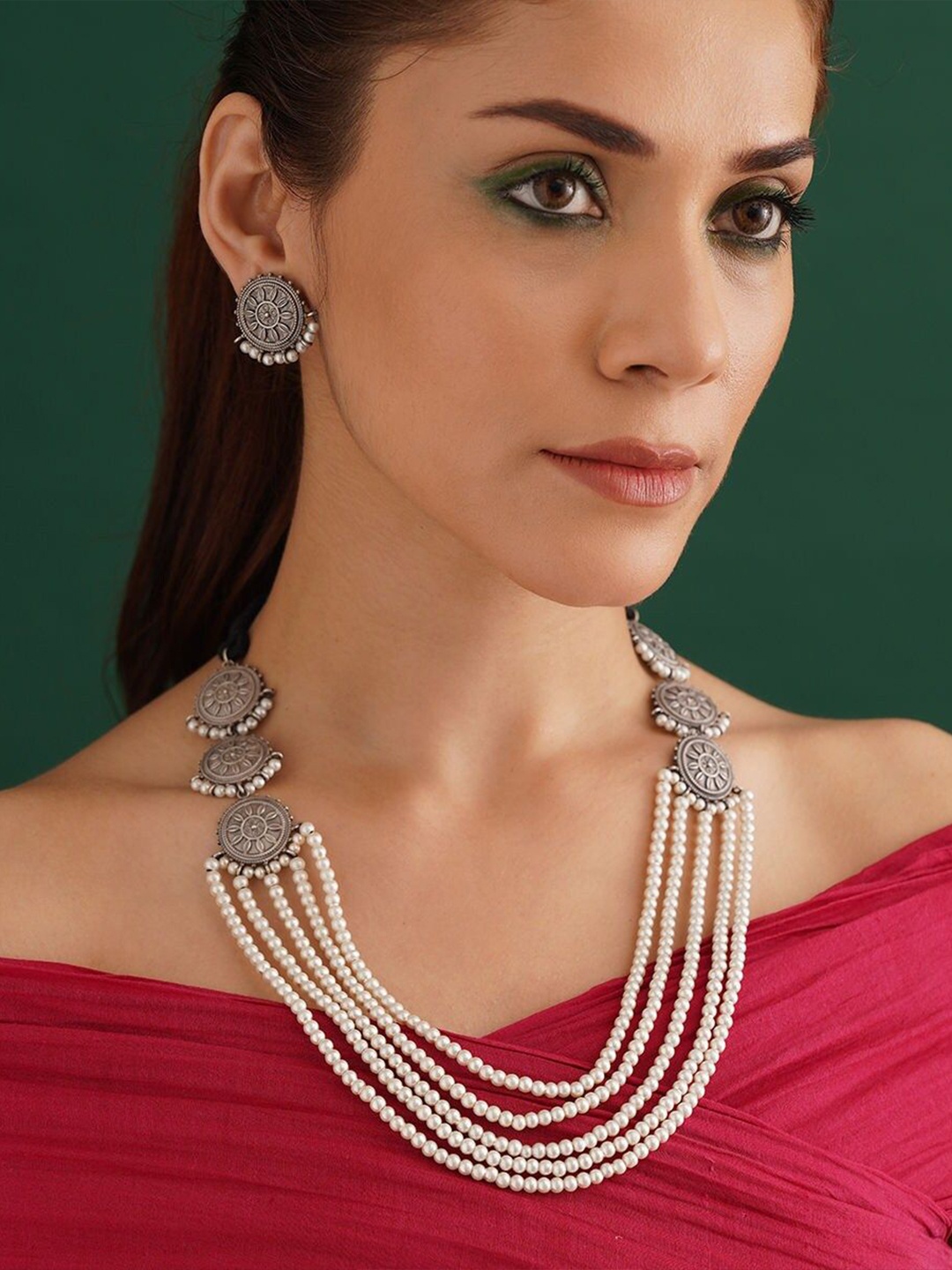 

JAYPORE Brass Beaded Layered Necklace, Silver