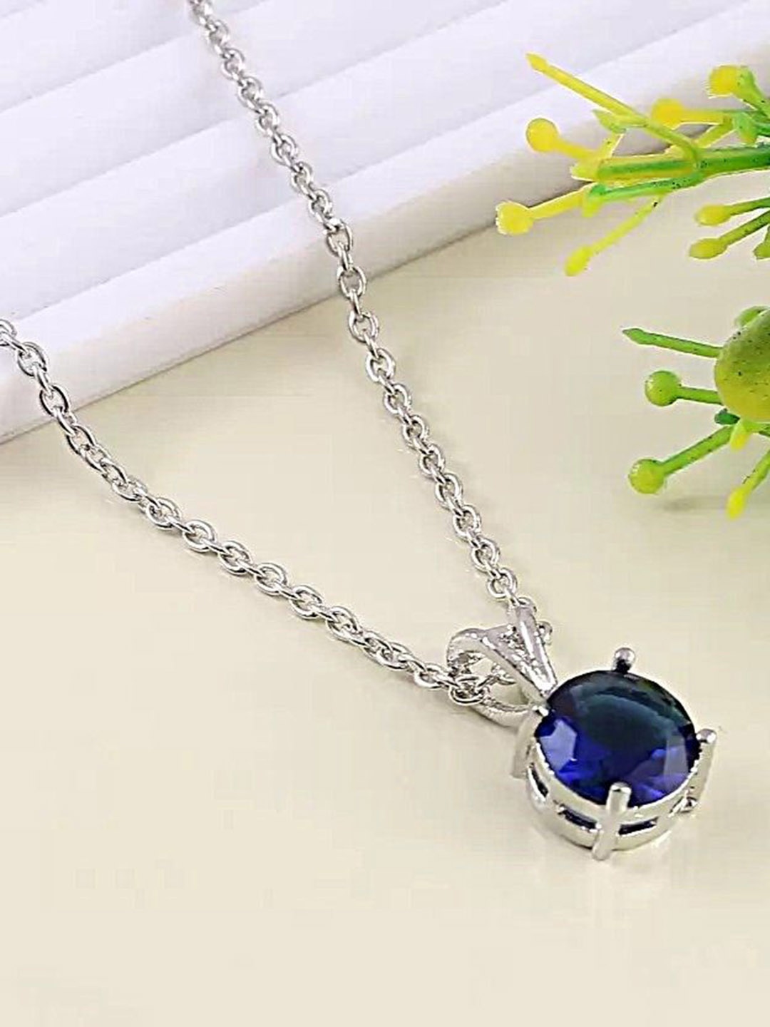 

9blings Silver-Plated Stone Studded Circular Pendant with Chain