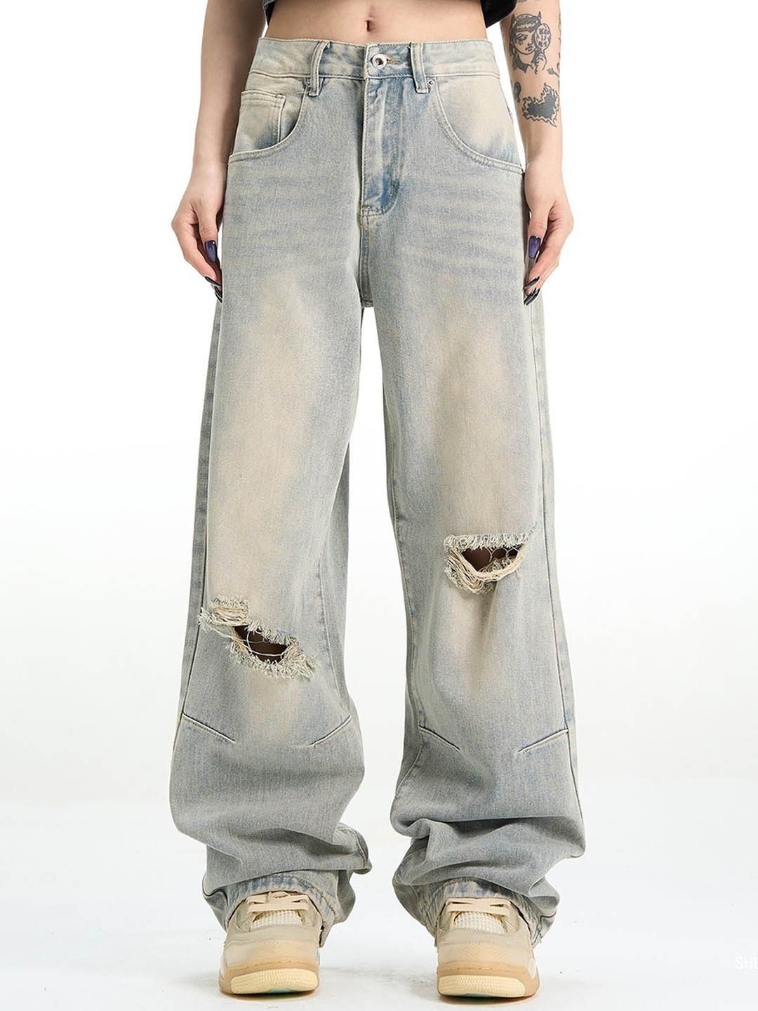 

StyleCast Men Wide Leg Highly Distressed Heavy Fade Cotton Jeans, Blue