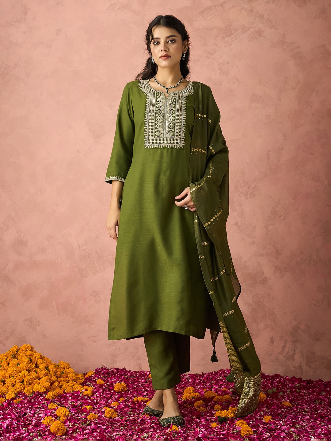 

KALINI Ethnic Motifs Embroidered Straight Kurta With Trousers & Dupatta, Green