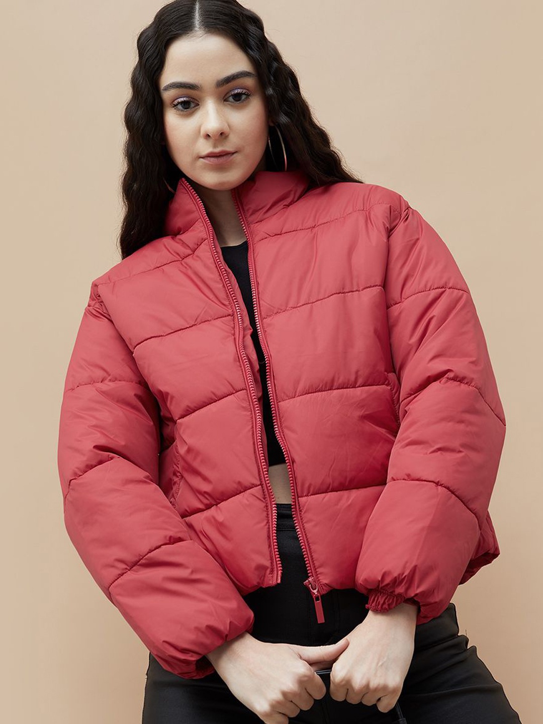 

Ginger by Lifestyle Women Mock Collar Solid Casual Puffer Jacket, Coral