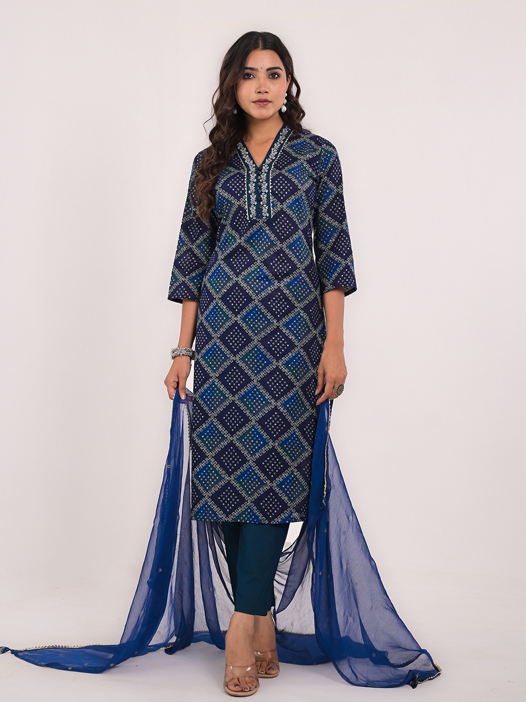 

KAVITA GUPTA Bandhani Printed Pure Cotton Kurta With Trousers & Dupatta, Blue