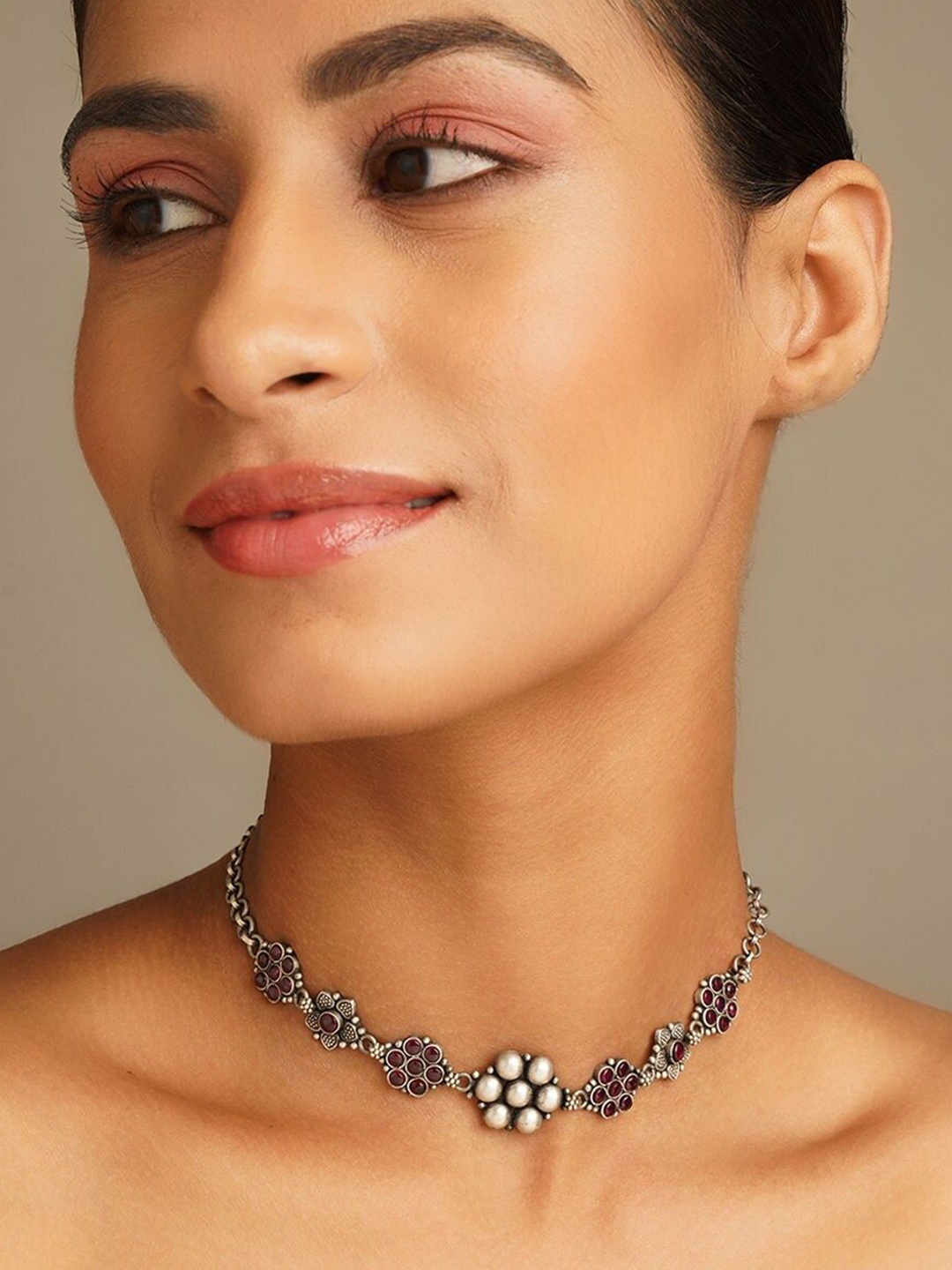 

JAYPORE Artificial Stones Studded Necklace, Silver