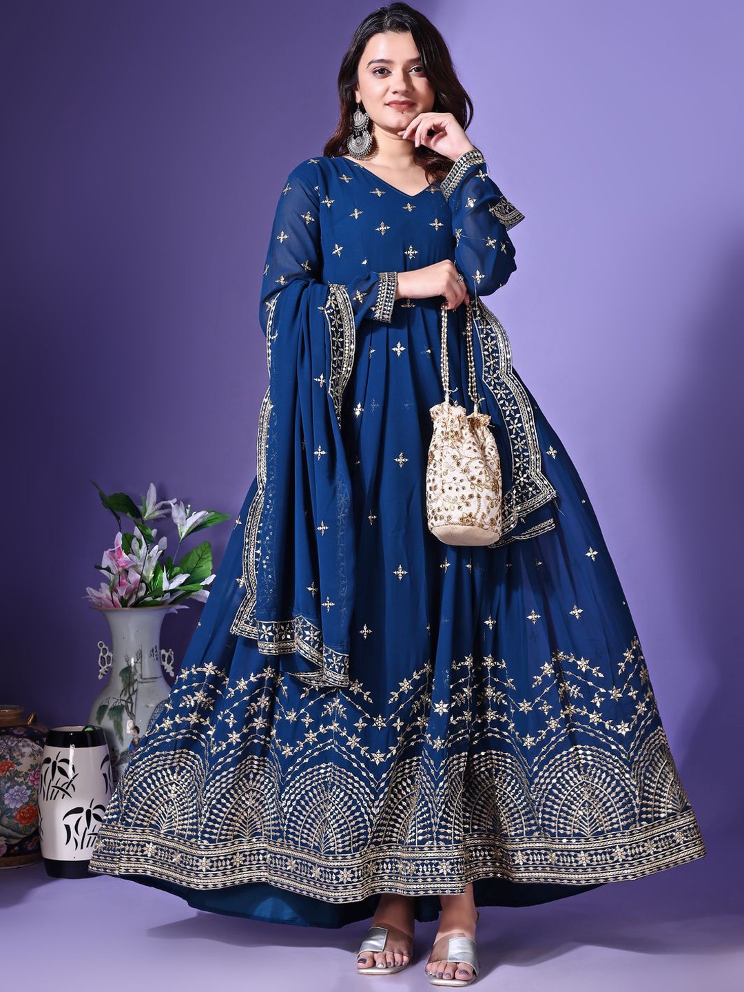 

KALINI Floral Embroidered V-Neck Mirror Work Georgette Anarkali Kurta With Dupatta, Turquoise blue