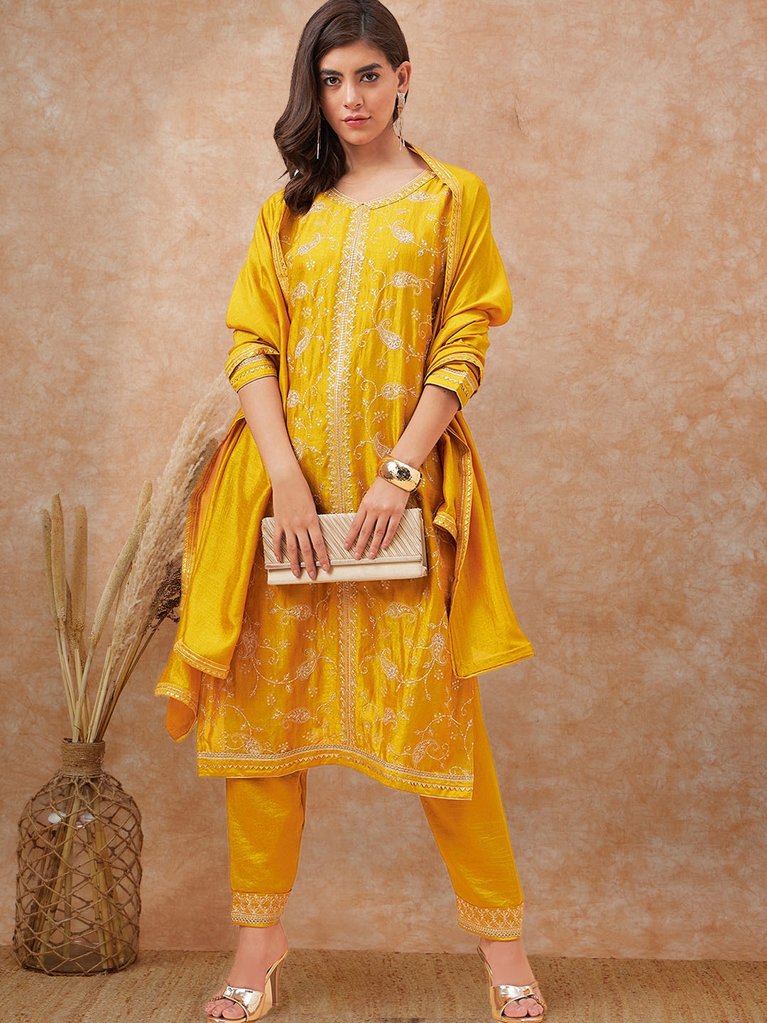 

Sangria Yellow Paisley Embroidered Zari & Sequinned Straight Kurta With Trousers & Dupatta