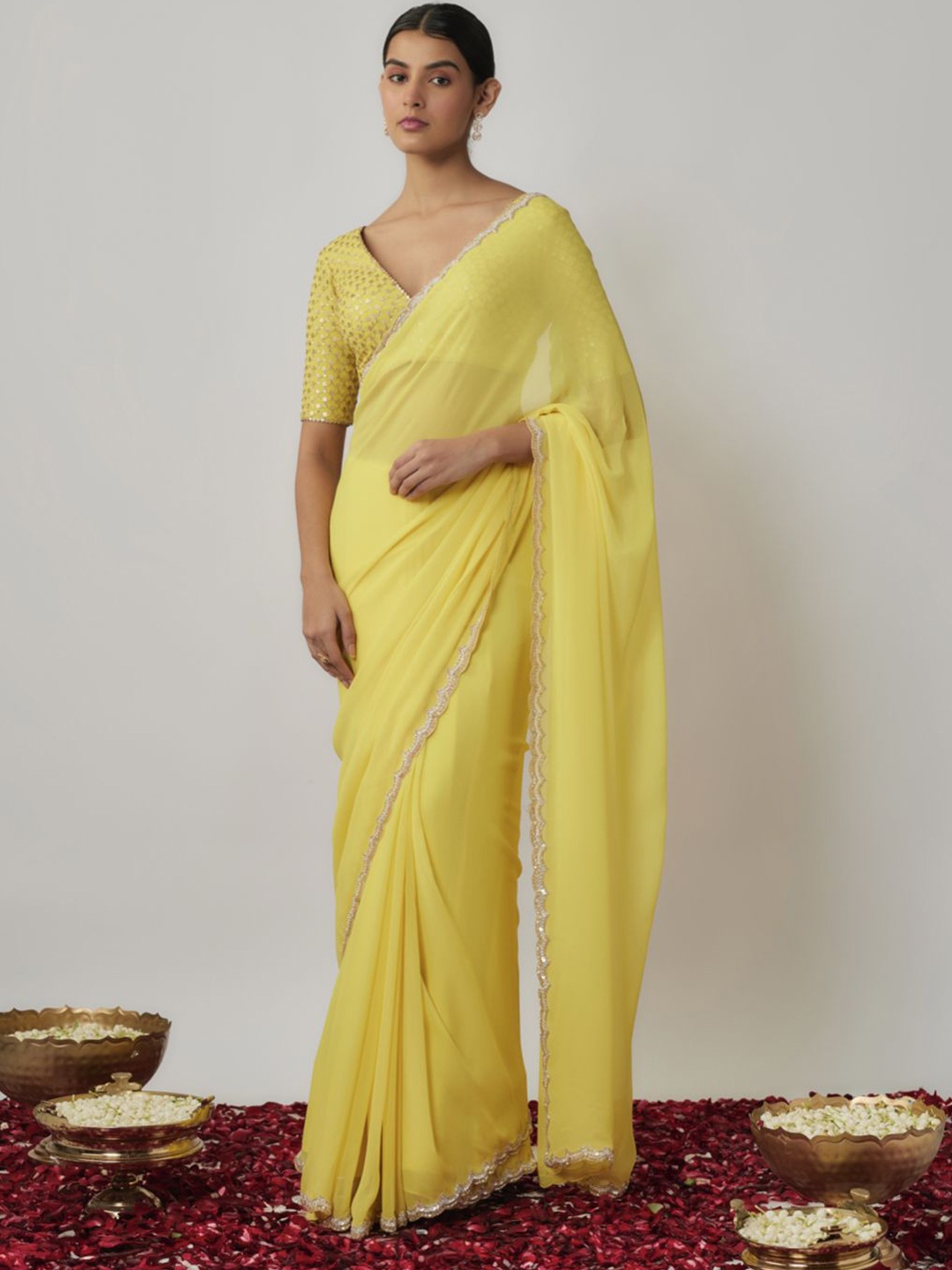 

Renee Label Sequinned Poly Georgette Saree, Yellow