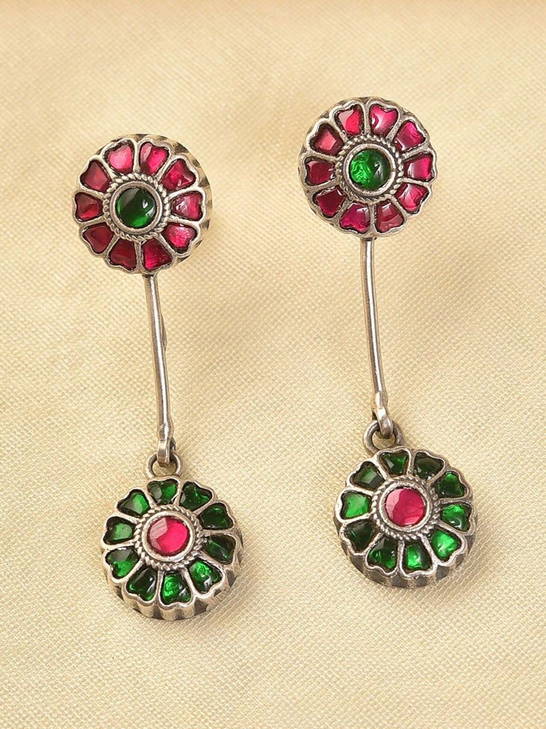 

JAYPORE Silver Kundan Studded Contemporary Drop Earrings