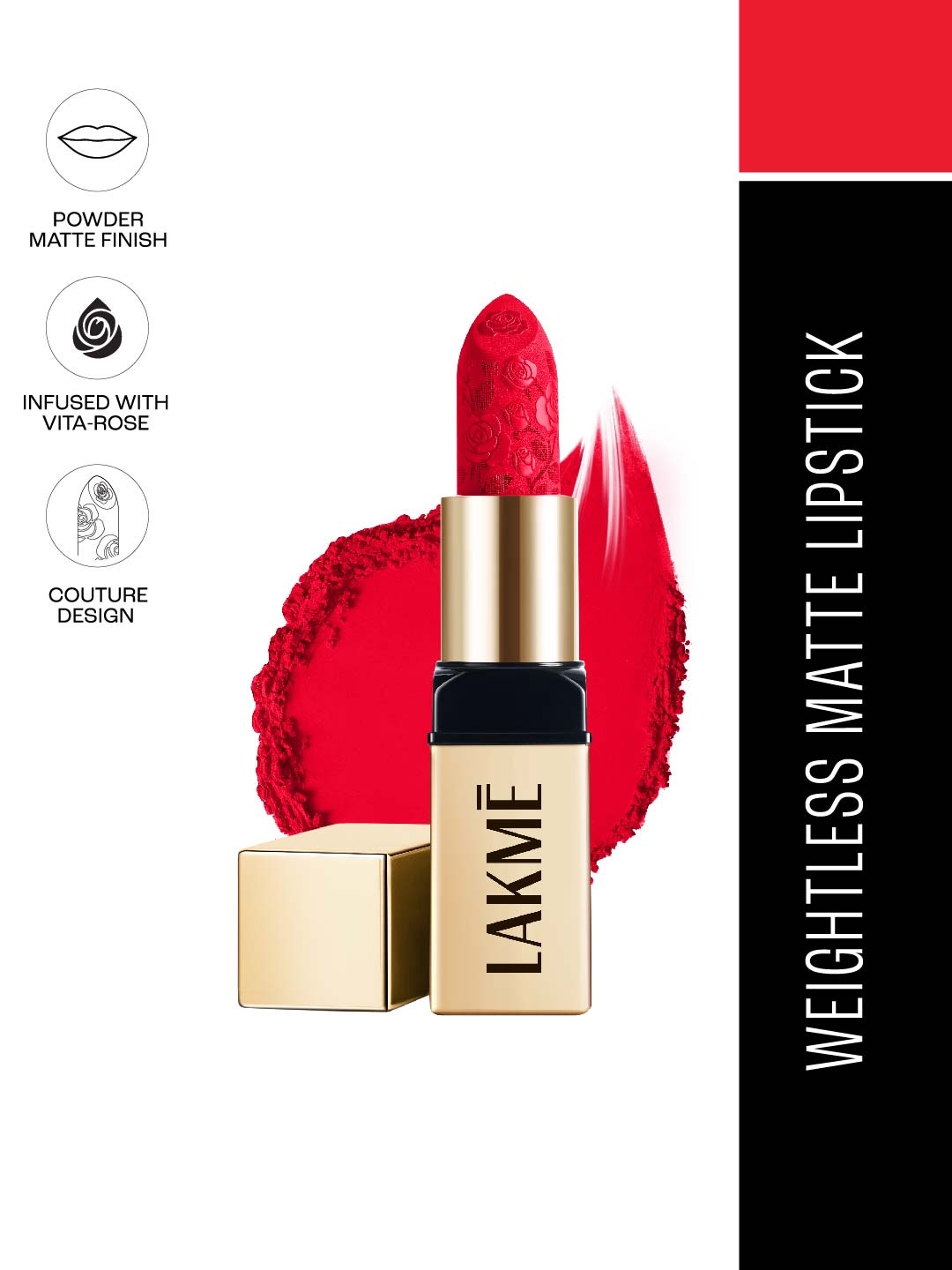 

Lakme Rouge Bloom Long Lasting Powder Matte Bullet Lipstick 4g - Cherry Blossom 207, Red