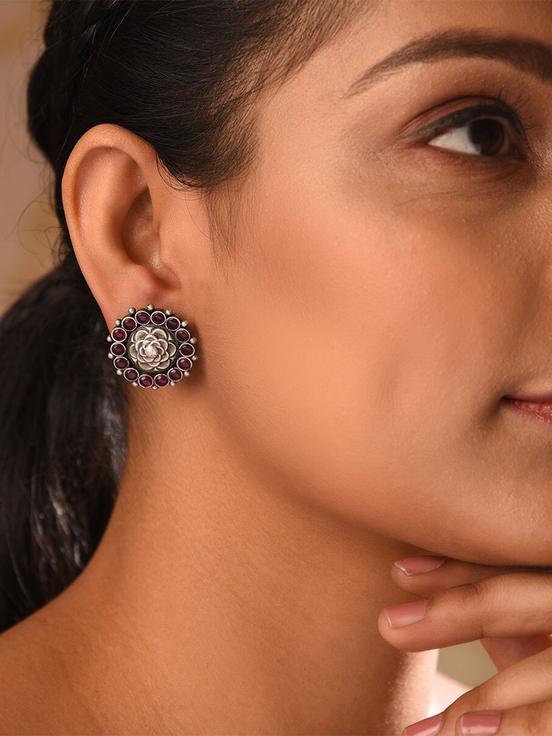 

JAYPORE Oxidised Contemporary Stone Studded Jhumkas, Silver