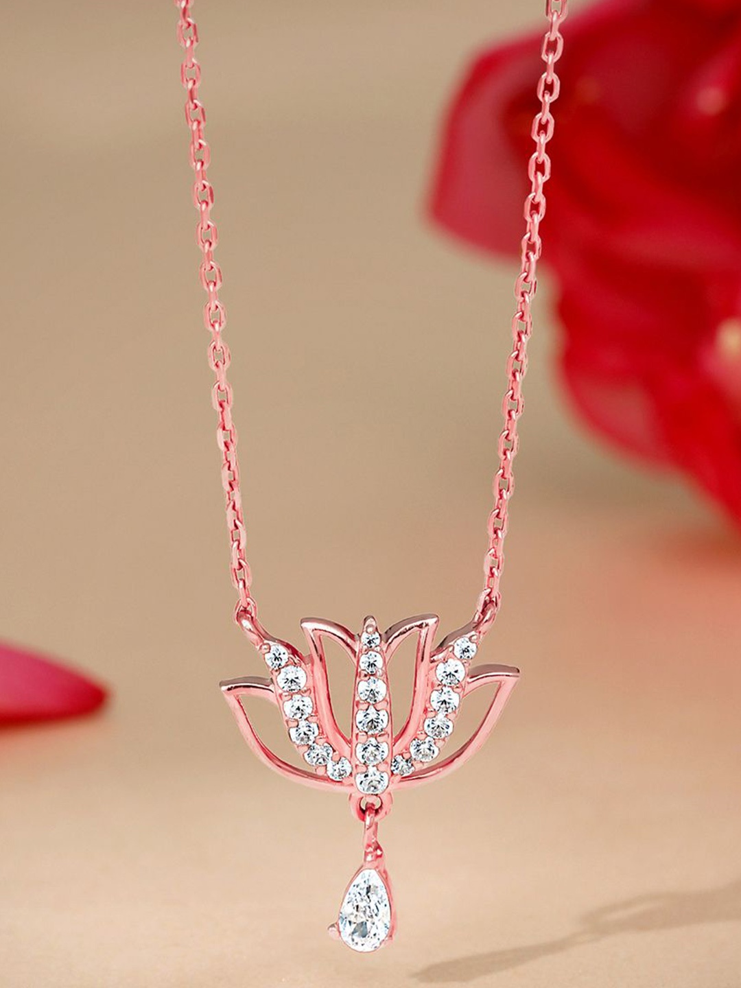 

GIVA 925 Sterling Silver Rose Gold-Plated Stone Studded Thamarai Necklace
