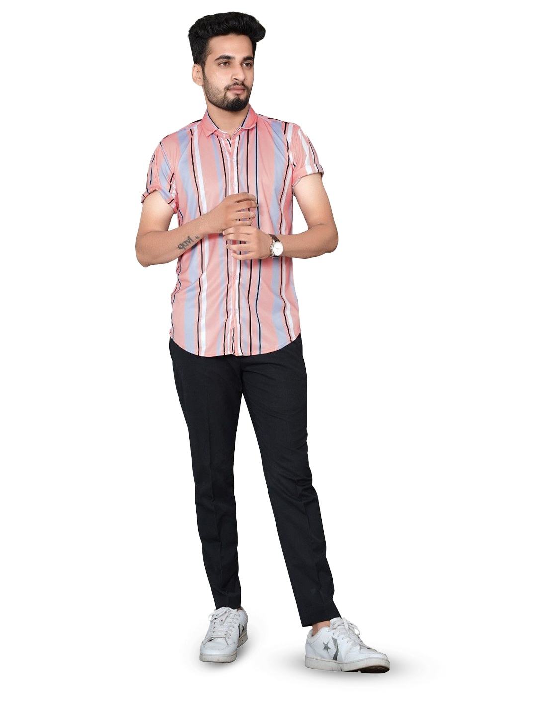 

iCome Men Cutaway Collar Vertical Striped Linen Blend Casual Shirt, Peach