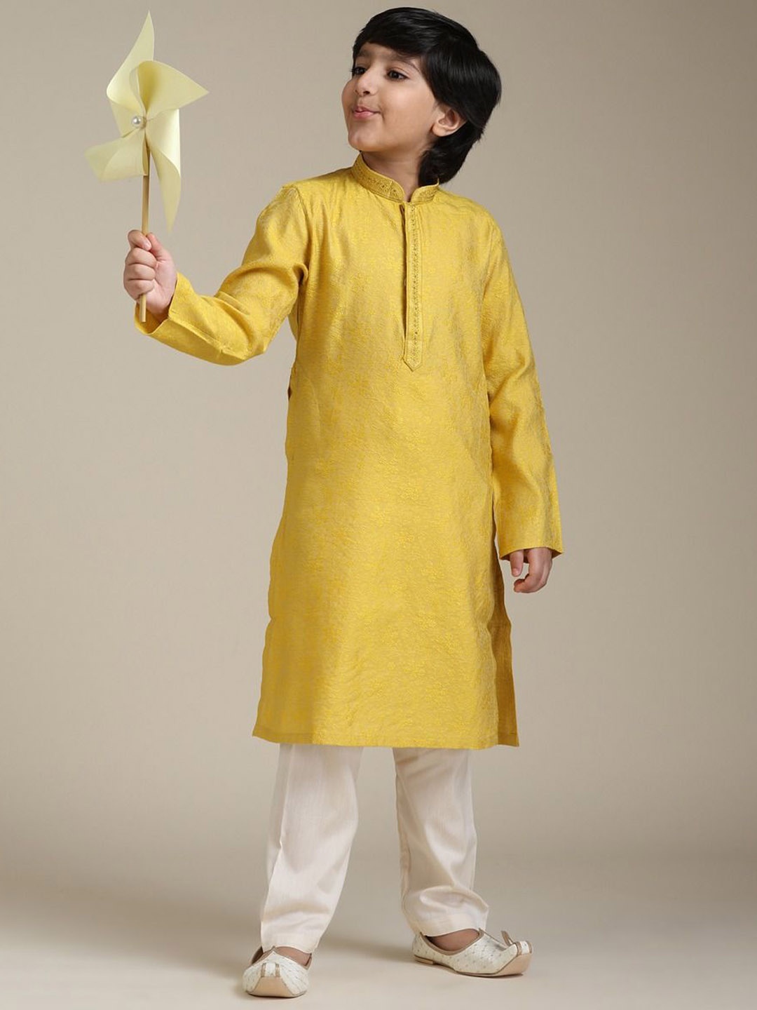 

Manyavar Boys Floral Embroidered Thread Work Mandarin Collar Straight Kurta With Pyjamas, Mustard