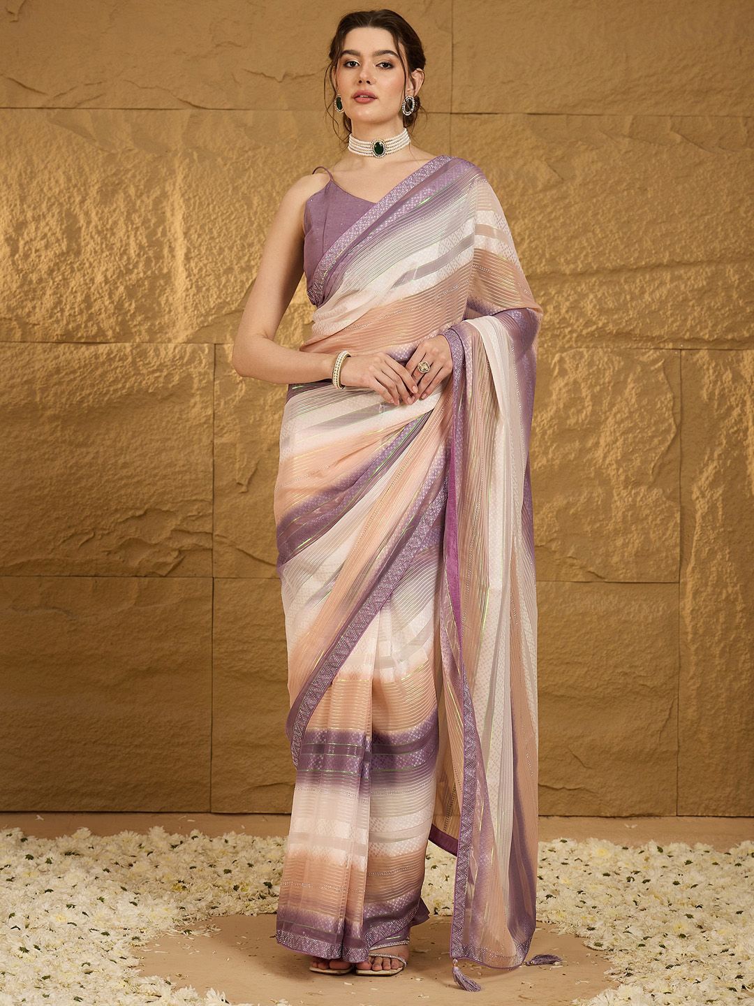 

Anouk Striped Beads and Stones Poly Chiffon Saree, Lavender