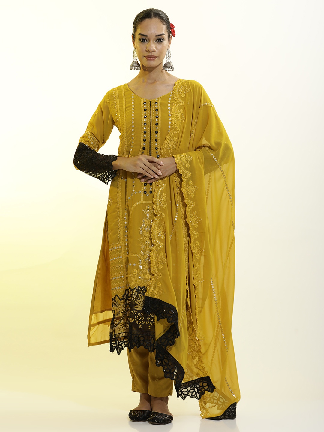 

Jaipur Kurti Heavy Embroidered Georgette Festive Kurta Set With Dupatta, Mustard