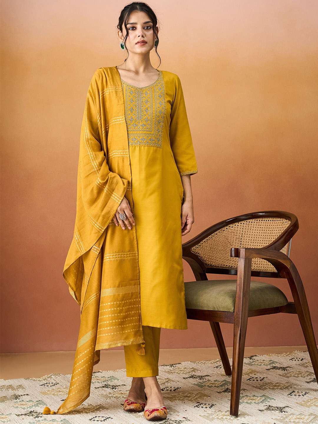 

KALINI Ethnic Motifs Yoke Design Thread Work Straight Kurta With Trousers & Dupatta, Yellow