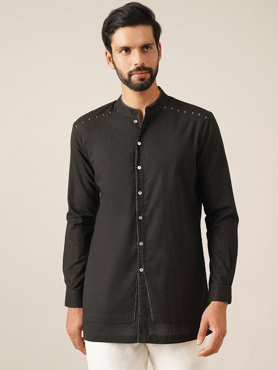 

JAYPORE Band Collar Long Roll-Up Sleeves Pure Cotton Kurta, Black