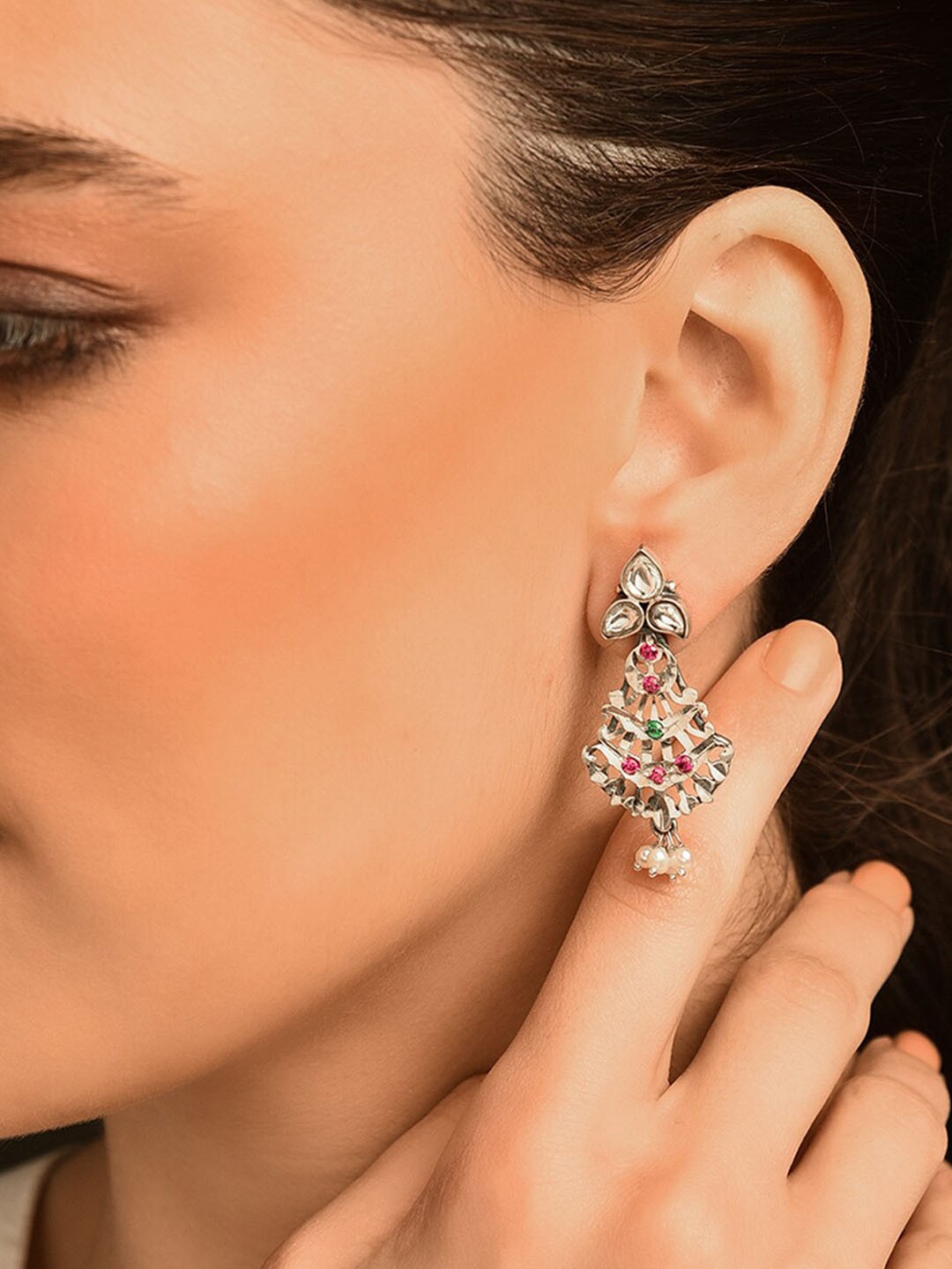 

JAYPORE Silver Plated Stone Studded & Beaded Contemporary Drop Earrings