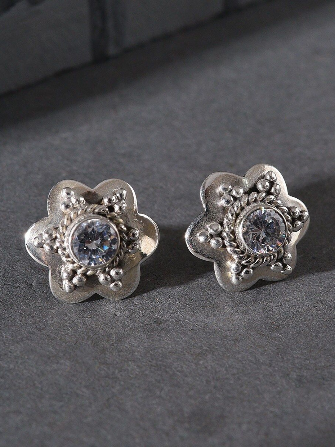 

JAYPORE Contemporary Cubic Zirconia Oxidised Studded Earrings, Silver