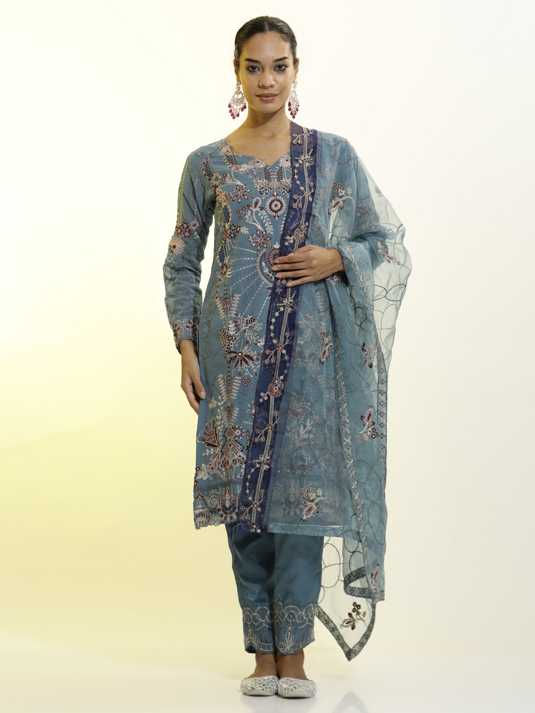 

Jaipur Kurti Festive Embroidered Georgette Party Wear Kurta Set With Dupatta, Blue