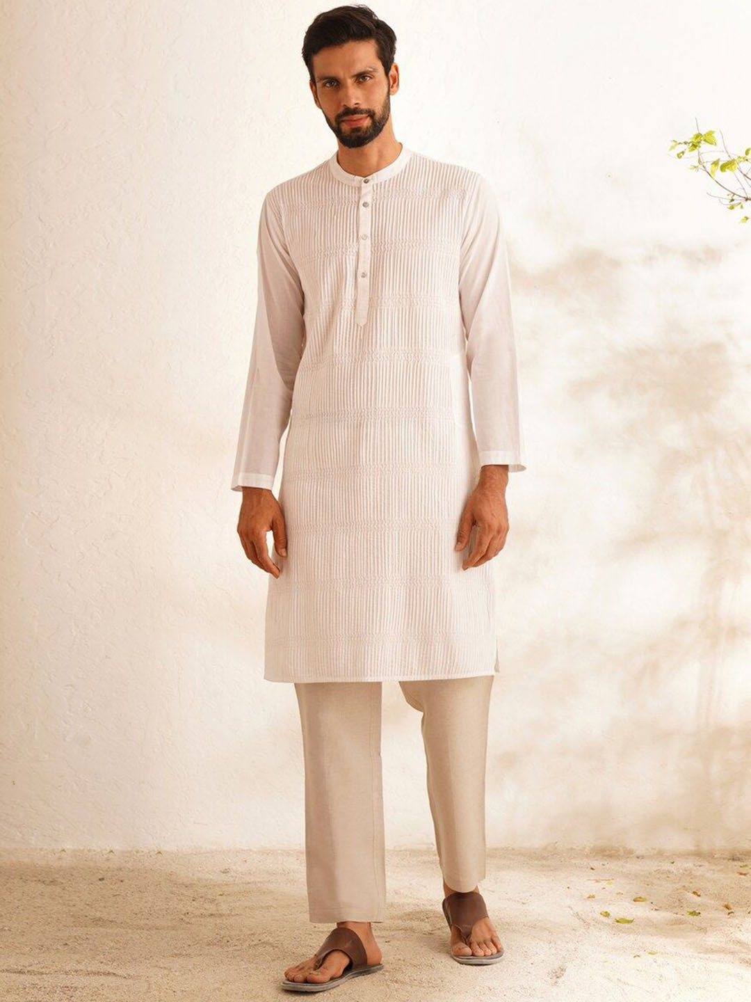 

JAYPORE Stripped Self Design Band Collar Straight Pure Cotton Kurta, White